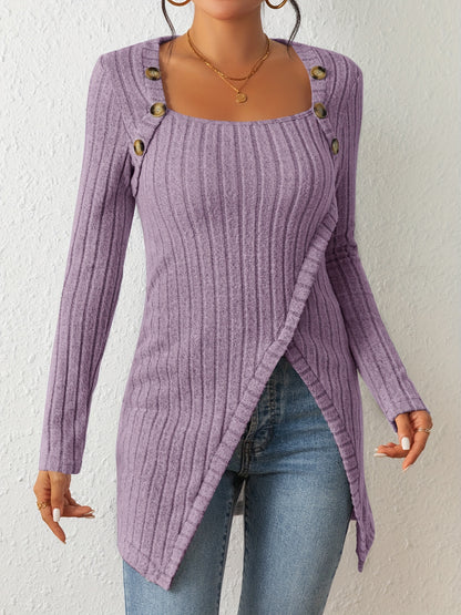 Asymmetrical Casual Ribbed Long Sleeve Top