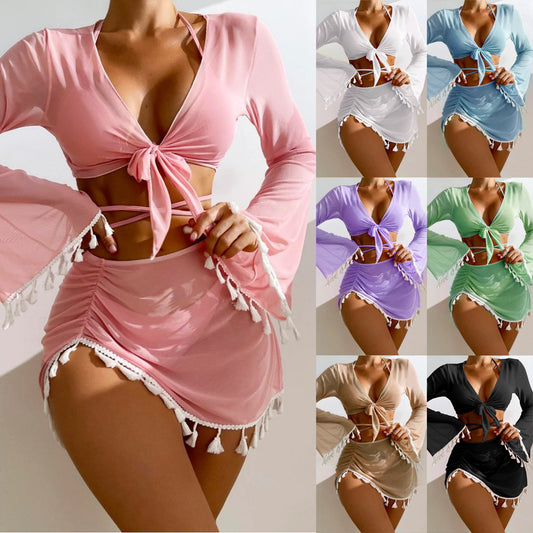 4pcs Solid Color Bikini Set with Skirt & Long Sleeve Cover-Up - Women's Summer Beachwear