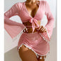 4pcs Solid Color Bikini Set with Skirt & Long Sleeve Cover-Up - Women's Summer Beachwear