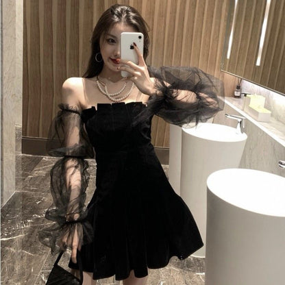 Gothic Black Drop Waist Mesh Splice Dress