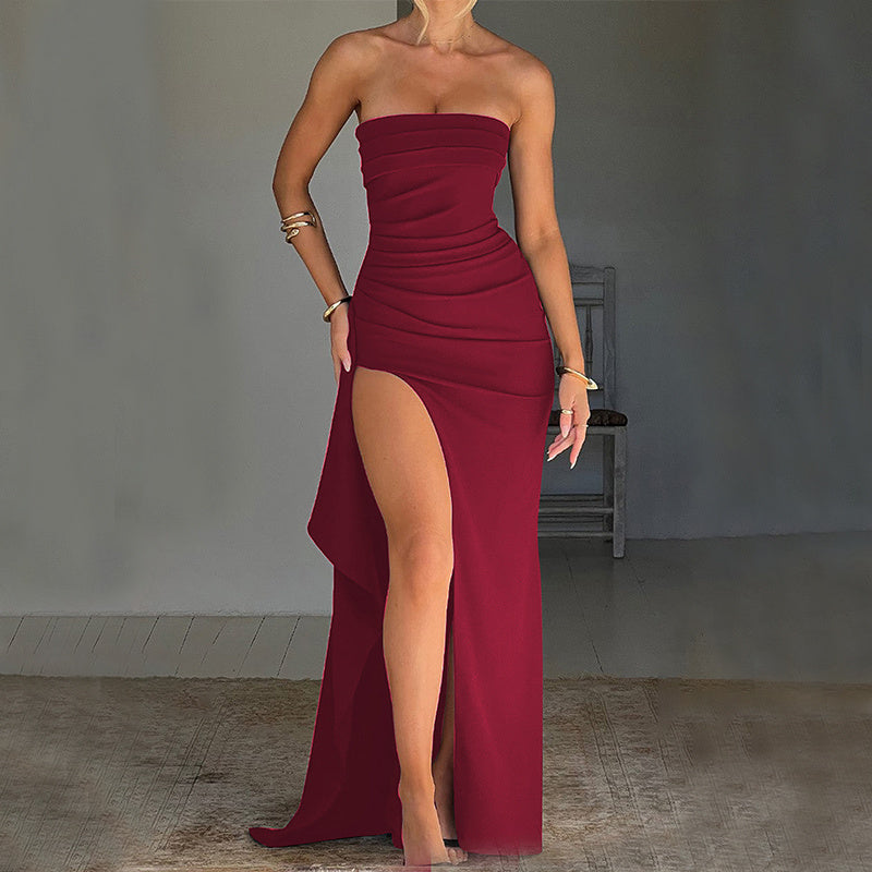 Strapless Pleated Split Long Dress - Summer Bridesmaid & Party Fashion