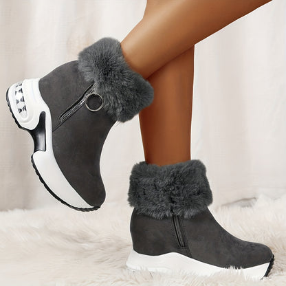 Plush Lined Women's Ankle Platform Short Boots With Side Zipper