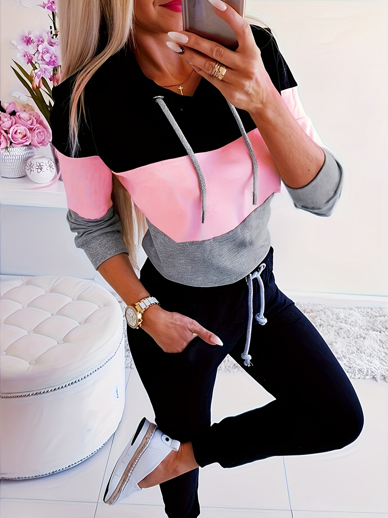 Women's Color Block Hoodie - Stylish Long Sleeve Thermal Sweatshirt