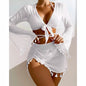 4pcs Solid Color Bikini Set with Skirt & Long Sleeve Cover-Up - Women's Summer Beachwear