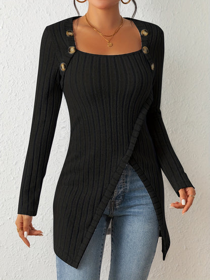 Asymmetrical Casual Ribbed Long Sleeve Top