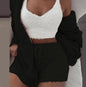 3pcs Long Sleeve Crop Tank Top & Drawstring Shorts Pajama Set