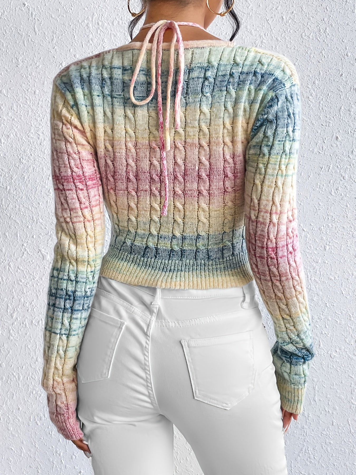 Dive into Elegance: Gradient Cable Knit Sweater with Halter Neck Detail