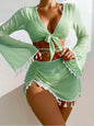 4pcs Solid Color Bikini Set with Skirt & Long Sleeve Cover-Up - Women's Summer Beachwear