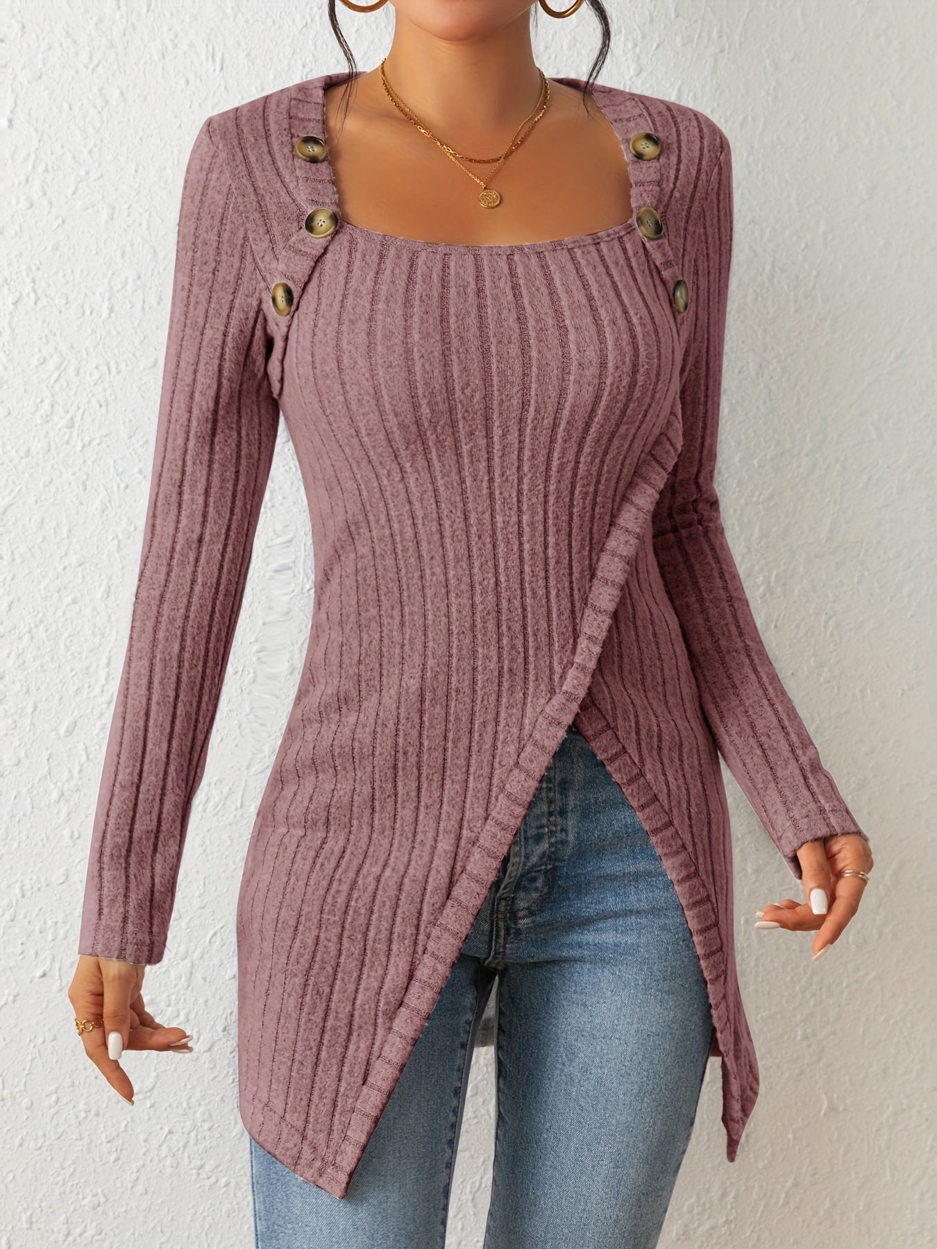 Asymmetrical Casual Ribbed Long Sleeve Top