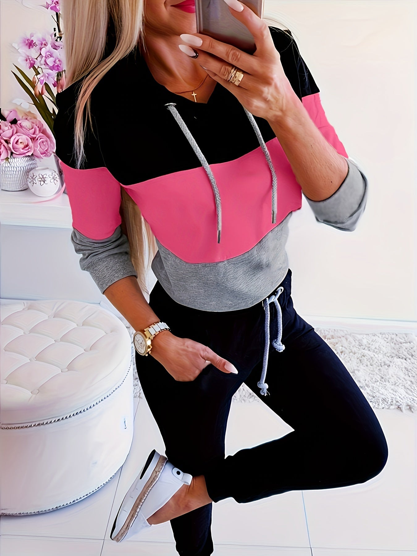 Women's Color Block Hoodie - Stylish Long Sleeve Thermal Sweatshirt