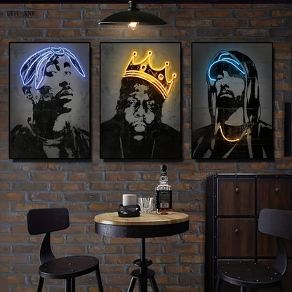 3pcs/set Hip Hop Canvas Print Posters, Neon Rap Star Canvas Wall Art Paintings