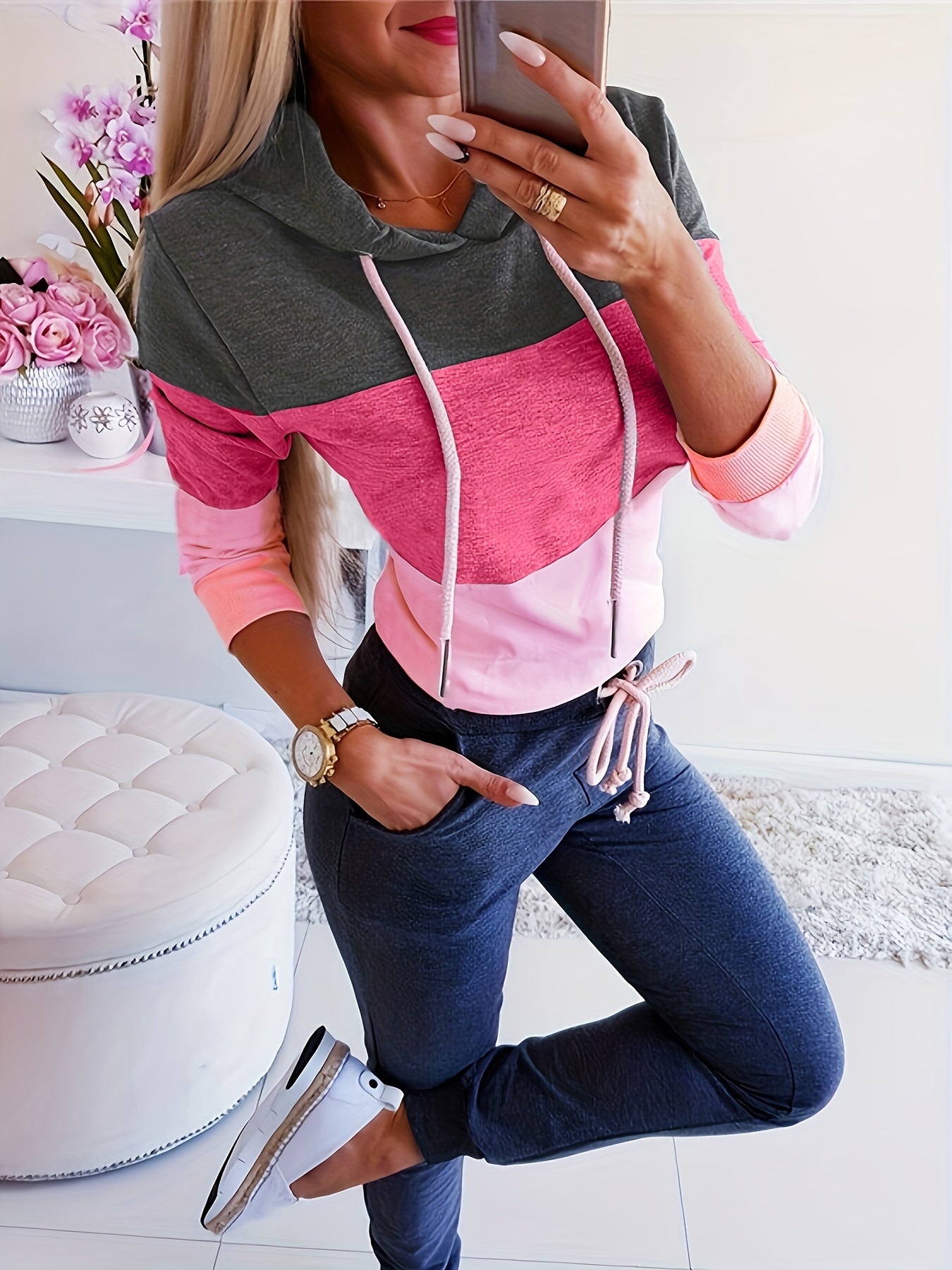 Women's Color Block Hoodie - Stylish Long Sleeve Thermal Sweatshirt