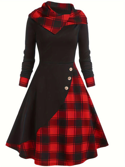 Casual Button Decor A-line Plaid Print Long Sleeve Dress