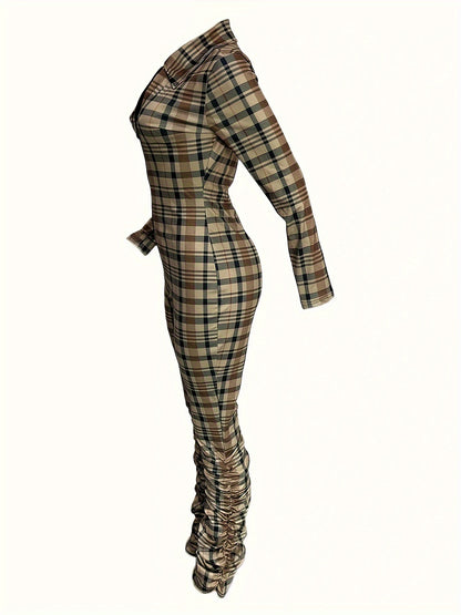 Effortless Chic: Plaid Pattern Zip Up Jumpsuit for Casual Elegance