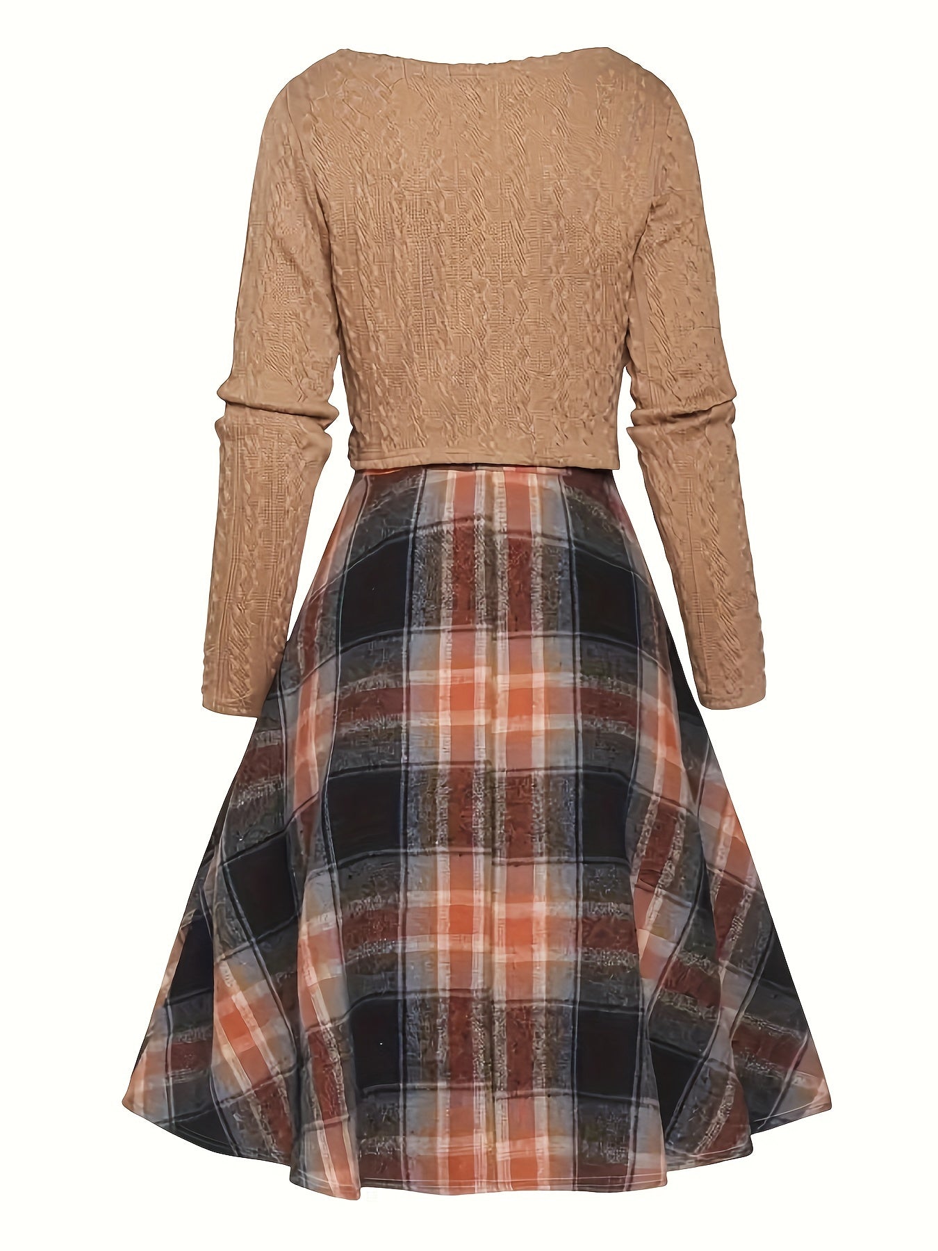 Textured Crop Top & Plaid Aline Elegant Two-piece Dress Set