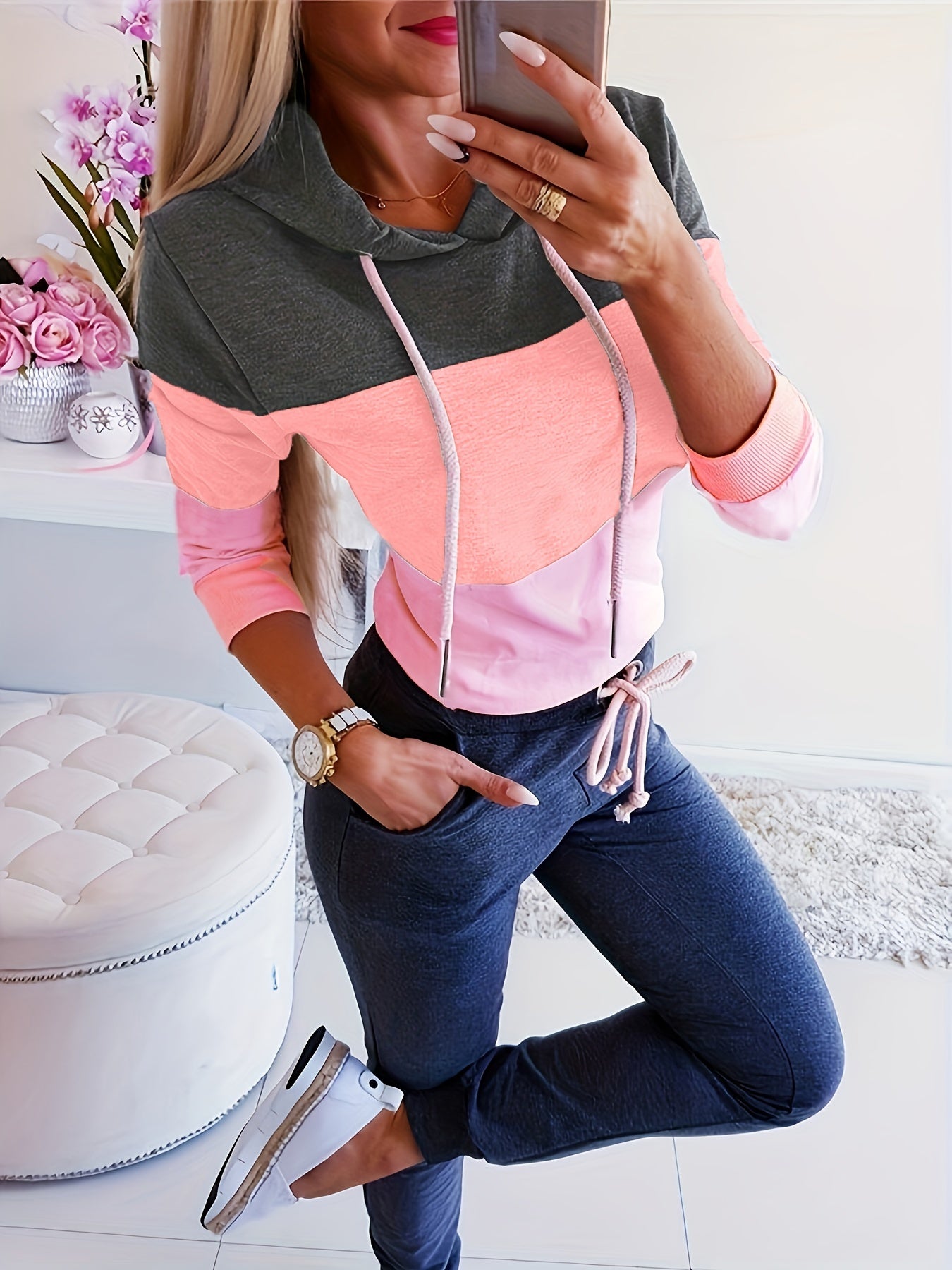 Women's Color Block Hoodie - Stylish Long Sleeve Thermal Sweatshirt