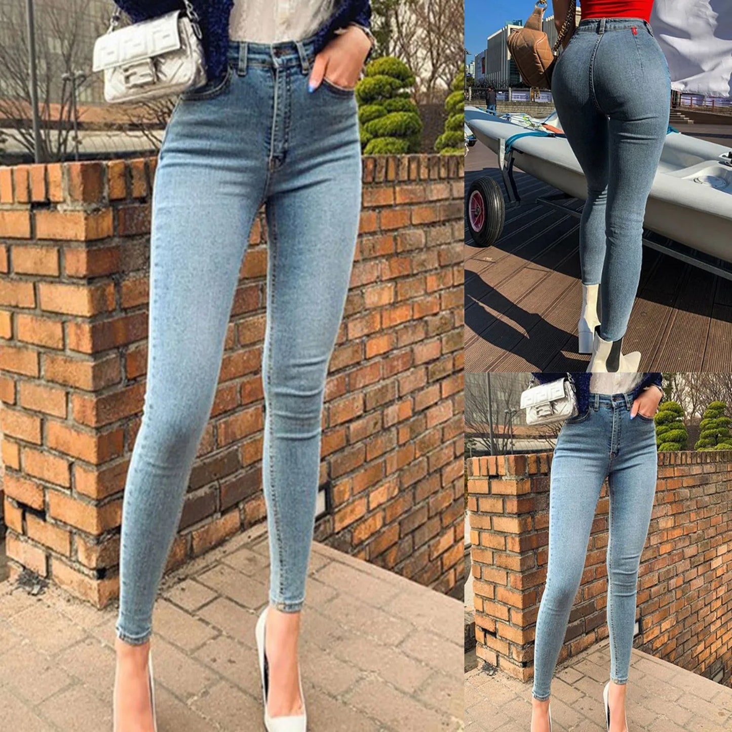 Women Slim Plus Size High Waist Gradient Long Jeans Denim