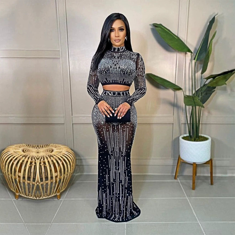 Long Sleeve Mesh Rhinestone Two Pieces Dress