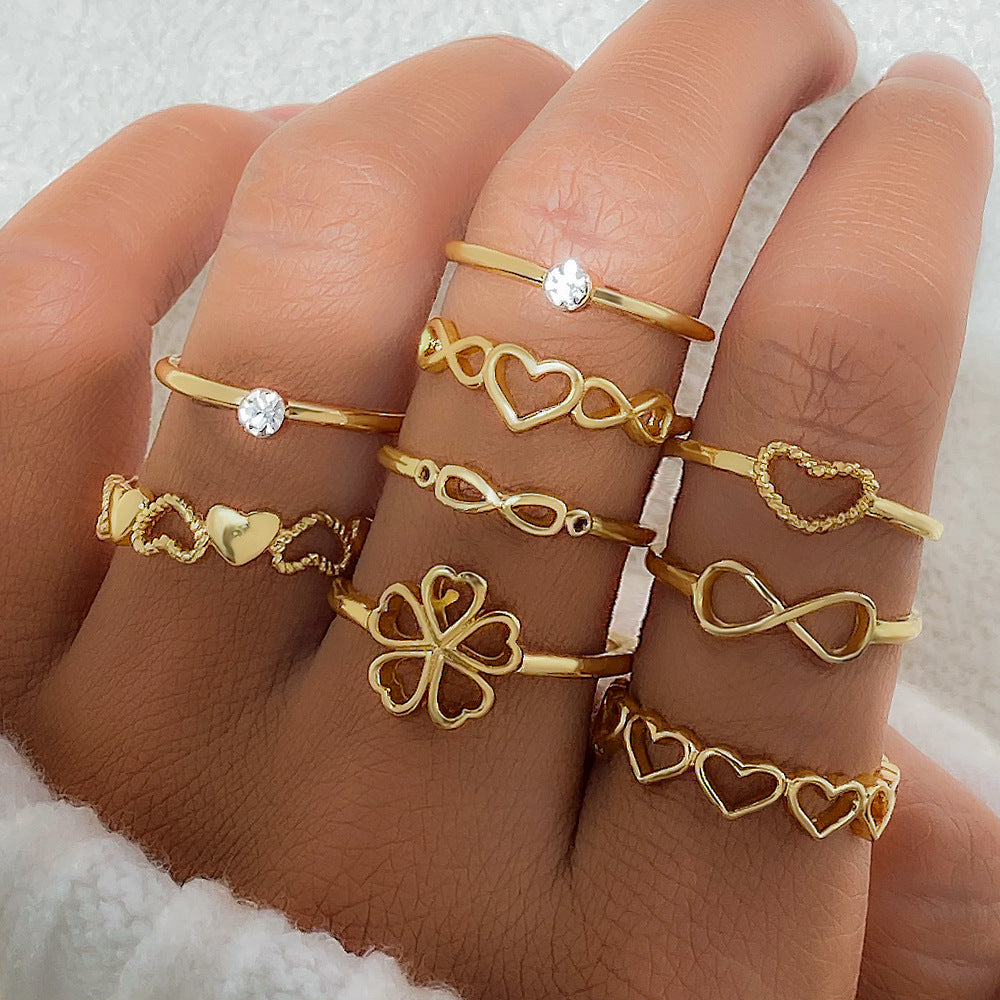 9 pcs Gold color Heart & Butterfly Rings Set