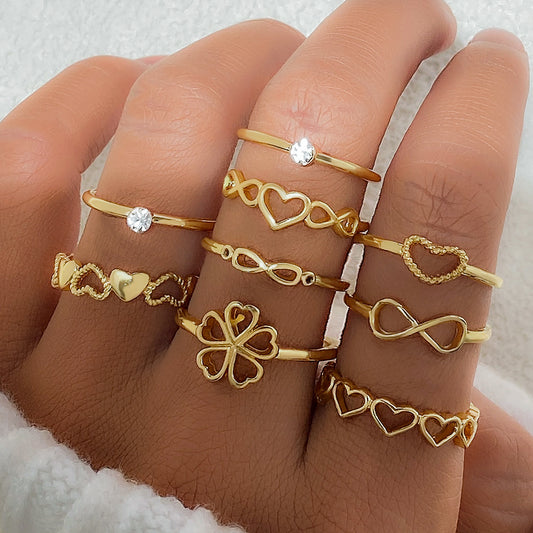9 pcs Gold color Heart & Butterfly Rings Set