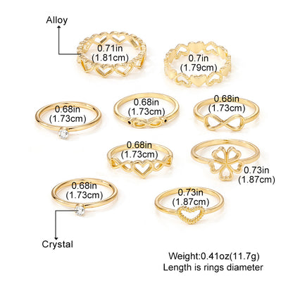 9 pcs Gold color Heart & Butterfly Rings Set