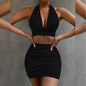2pcs Dress Suits Halter Lace-up Hip Top & Pleated Hip-covering Skirt