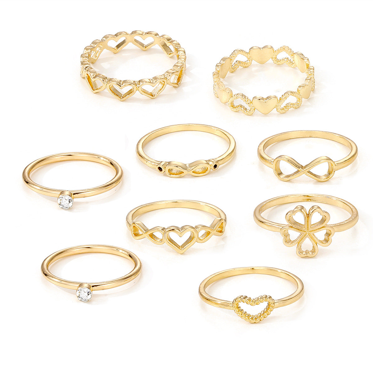 9 pcs Gold color Heart & Butterfly Rings Set