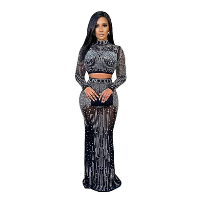 Long Sleeve Mesh Rhinestone Two Pieces Dress