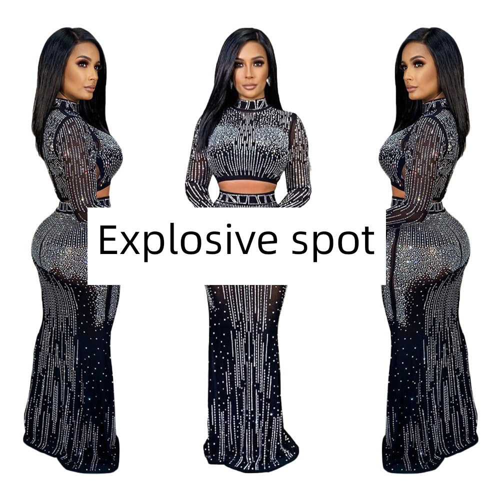 Long Sleeve Mesh Rhinestone Two Pieces Dress