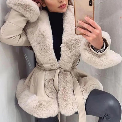 Open Stitch Belt Pockets Long Sleeve Jacket Coat Women Autumn Winter Plush Trim Faux Leather Outerwear Manteau Femme Abrigo سترة