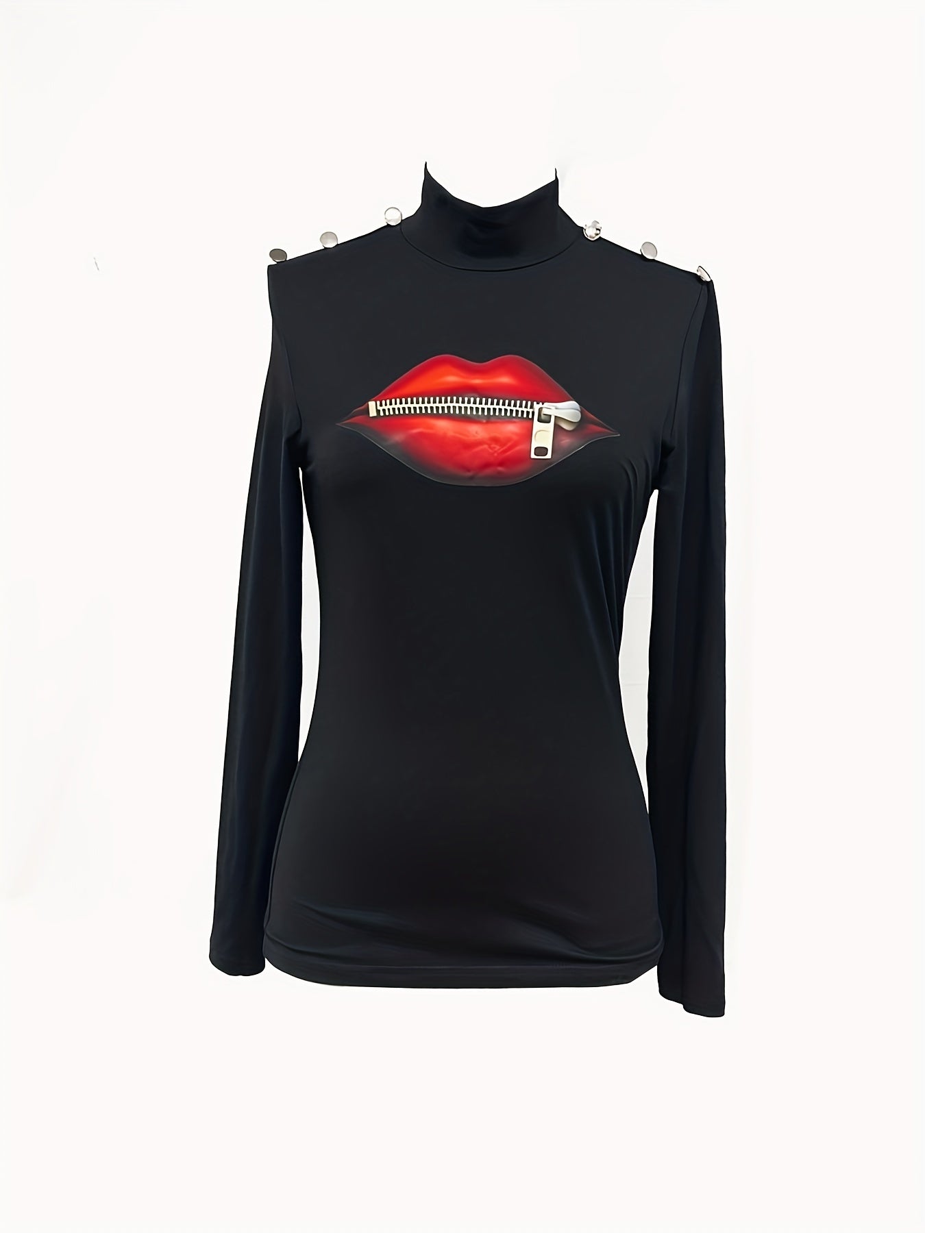 Pucker Up in Style: Lips Print Button Decor Turtleneck T-Shirt