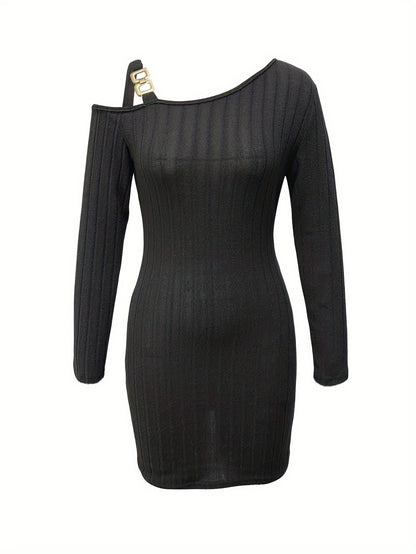 Sculpted Sophistication: Ribbed Slanted Shoulder Dress for Captivating Evenings