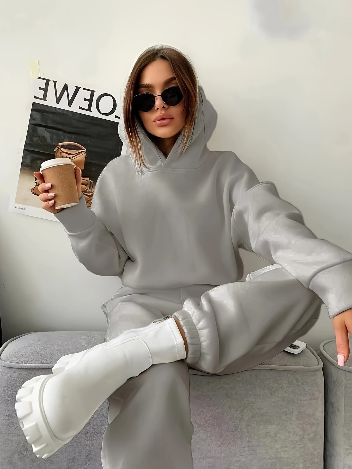 Casual Two-piece Solid Hoodie & Elastic Waist Jogger Outfit