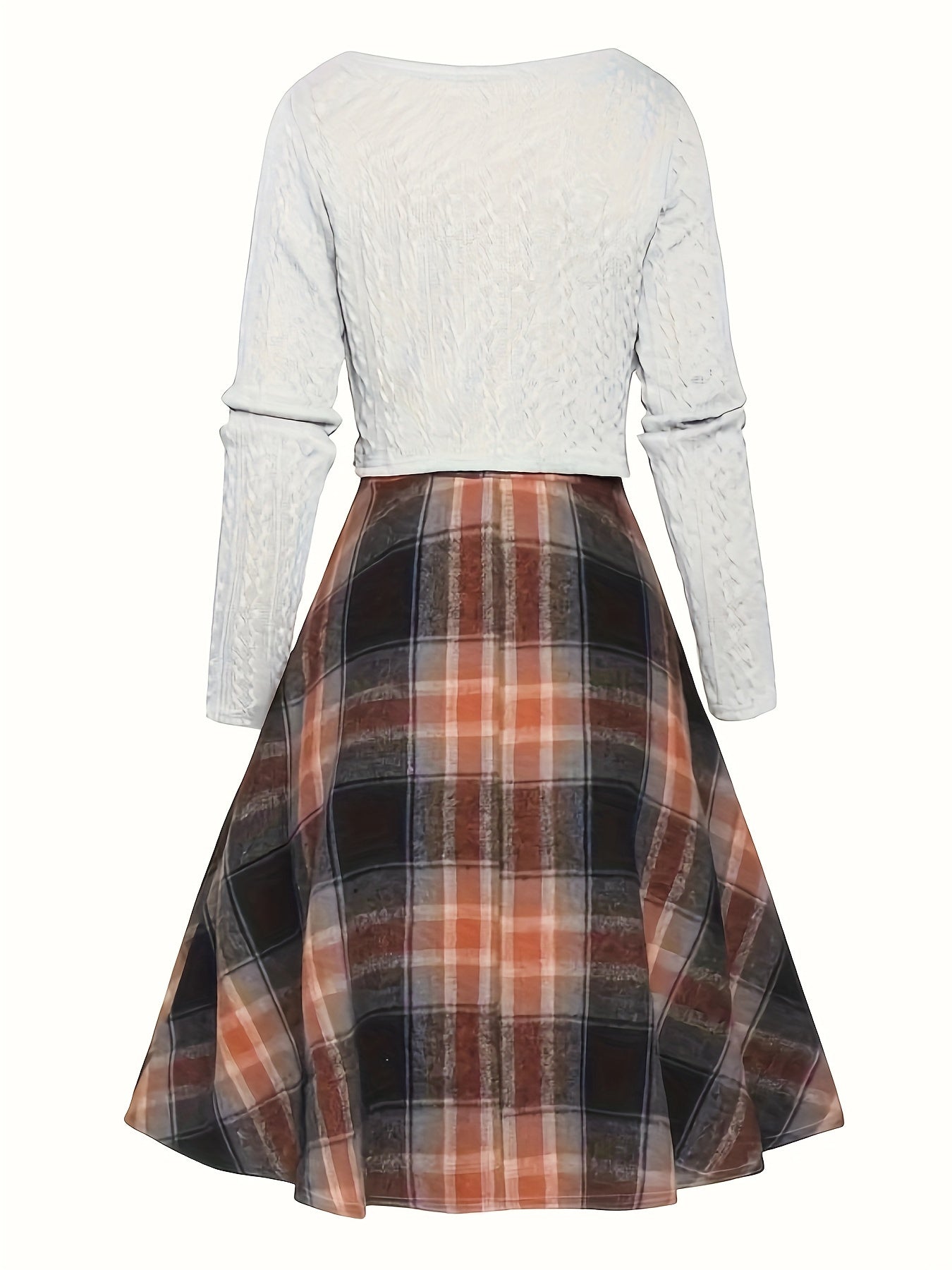 Textured Crop Top & Plaid Aline Elegant Two-piece Dress Set