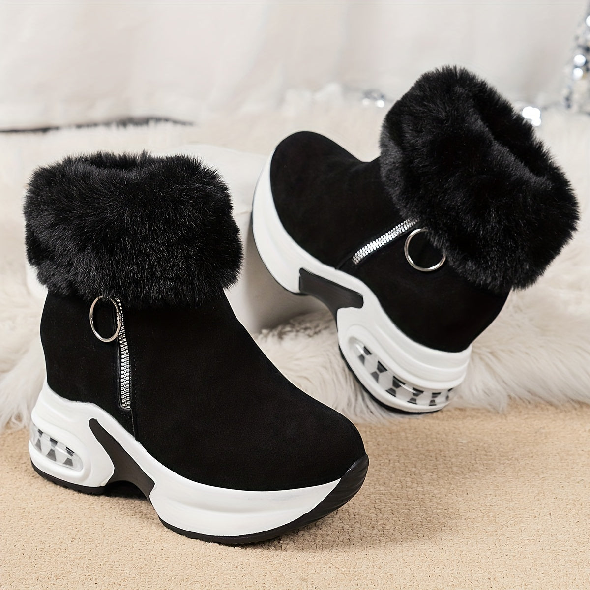 Plush Lined Women's Ankle Platform Short Boots With Side Zipper