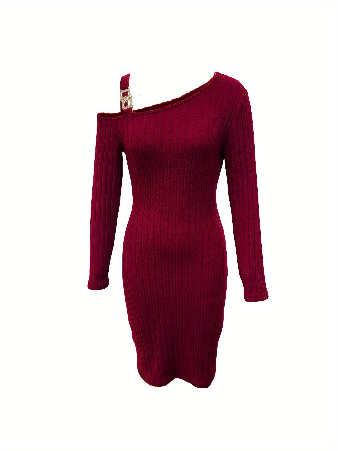 Sculpted Sophistication: Ribbed Slanted Shoulder Dress for Captivating Evenings