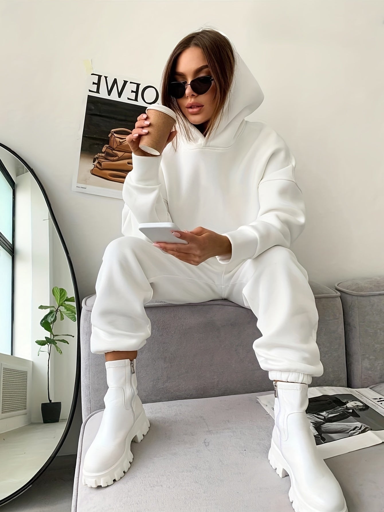 Casual Two-piece Solid Hoodie & Elastic Waist Jogger Outfit