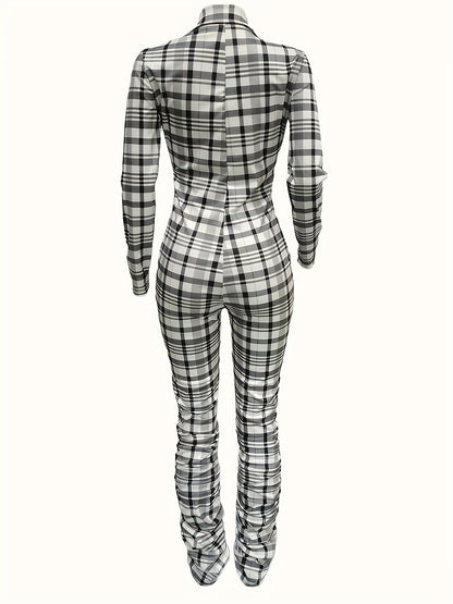 Effortless Chic: Plaid Pattern Zip Up Jumpsuit for Casual Elegance