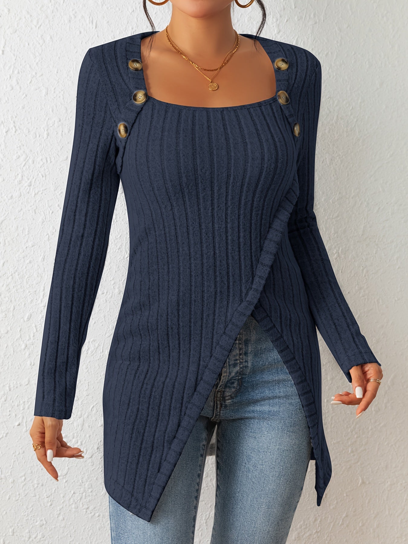 Asymmetrical Casual Ribbed Long Sleeve Top