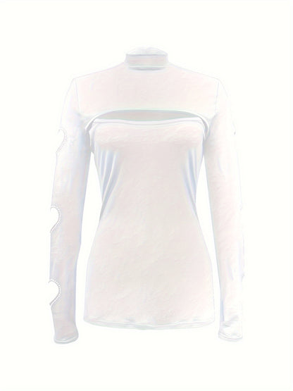 Heartfelt Glamour: Cutout Rhinestone Mock Neck T-Shirt