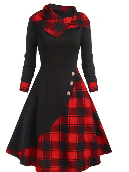 Casual Button Decor A-line Plaid Print Long Sleeve Dress