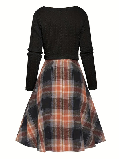 Textured Crop Top & Plaid Aline Elegant Two-piece Dress Set