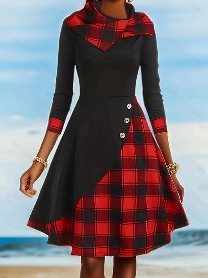 Casual Button Decor A-line Plaid Print Long Sleeve Dress