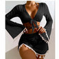 4pcs Solid Color Bikini Set with Skirt & Long Sleeve Cover-Up - Women's Summer Beachwear