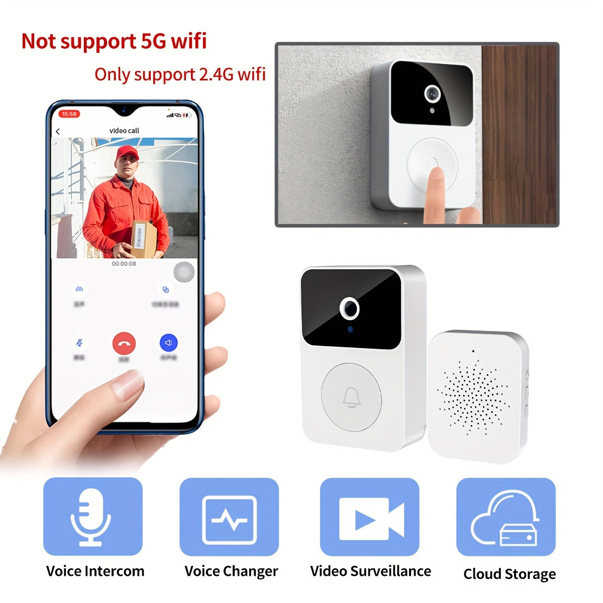 Wireless Easy Install Doorbell Camera with Home Intercom, Voice Changer + More