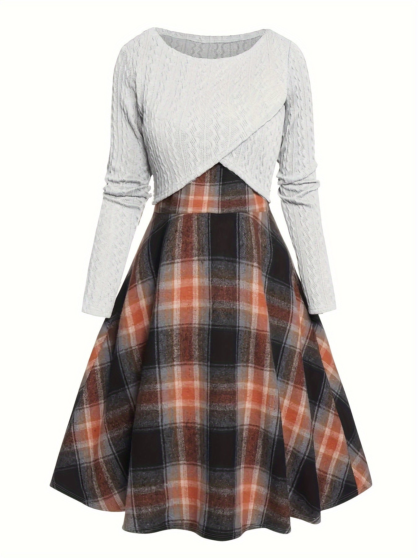 Textured Crop Top & Plaid Aline Elegant Two-piece Dress Set