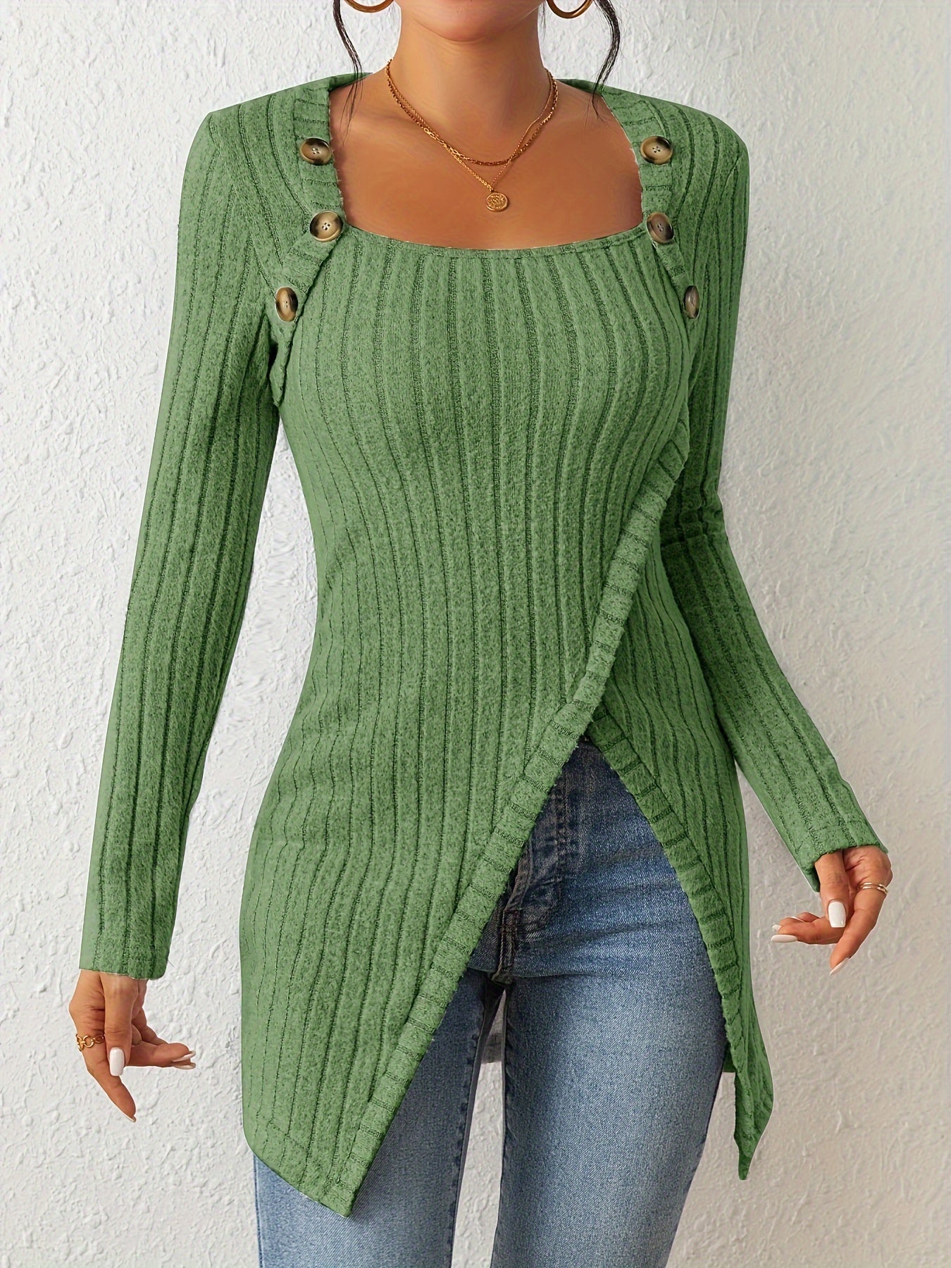 Asymmetrical Casual Ribbed Long Sleeve Top