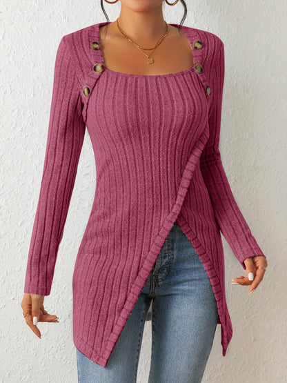 Asymmetrical Casual Ribbed Long Sleeve Top