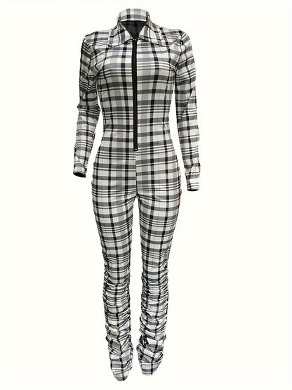 Effortless Chic: Plaid Pattern Zip Up Jumpsuit for Casual Elegance