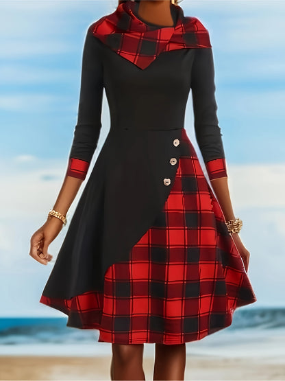 Casual Button Decor A-line Plaid Print Long Sleeve Dress